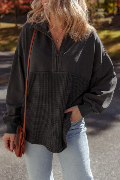 Carbon Grey Waffle Knit Patchwork Half Zipped Casual Sweatshirt