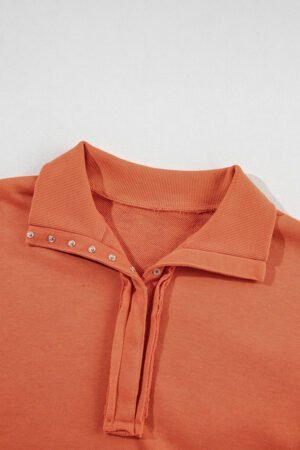 Orange Buttoned Collared Raw Detail High Low Baggy Sweatshirt with Slits - Image 7