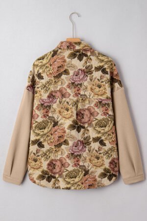 Khaki Floral Waffle Knit Patchwork Chest Pockets Buttoned Jacket - Image 5