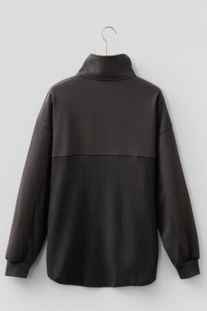 Carbon Grey Waffle Knit Patchwork Half Zipped Casual Sweatshirt - Image 10