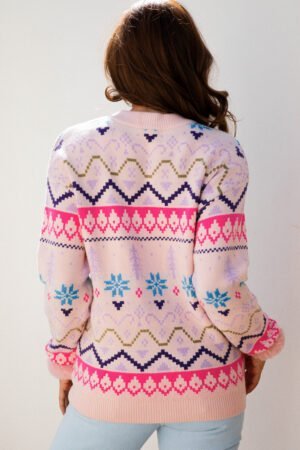 Multicolour Ethnic Christmas Pattern Knit Feather Cuffed Sweater - Image 3
