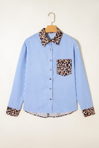 Sky Blue Striped Leopard Print Patchwork Button Up Womens Shirt