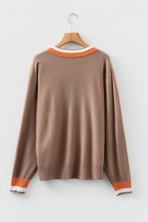 Dark Khaki Contrast Striped Trim V Neck Varsity Sweater - Image 4