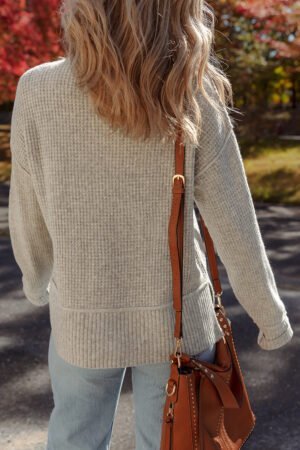 Alternative view of Gray Morn Waffle Texture Knit Ribbed High Neck Drop Shoulder Sweater