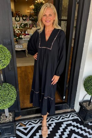 Black Collared V Neck Smocked Detail Contrast Leopard Trim Bracelet Sleeve Long Dress - Image 3