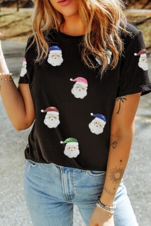 Black Sequin Patched Father Christmas Graphic T Shirt - Image 5