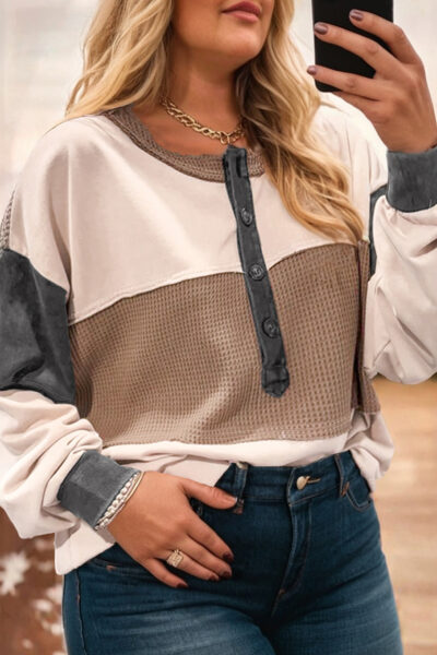 Jet Stream Waffle Patchwork Colorblock Half Buttons Casual Plus Size Knit Jumper