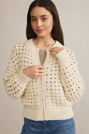 Beige Hollowed Pattern Knit Zip Up Drop Shoulder Sweater Cardigan - Image 3