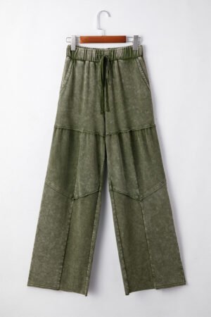 Vineyard Green Mineral Wash Tiered Wide Leg Patchwork Drawstring Pants - Image 5