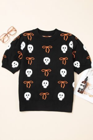 Black Short Puff Sleeve Bow Knot Plush Skeleton Halloween Sweater - Image 4
