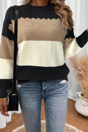 Black Colorblock Crew Neck Drop Shoulder Sweater - Image 5