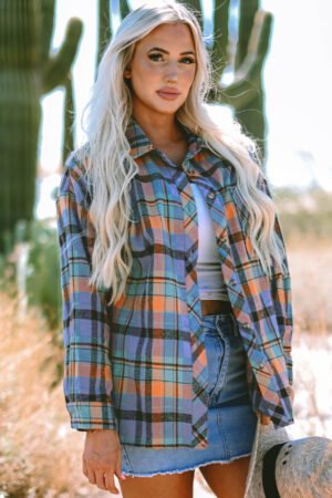 Orange Plaid Print Loose Vintage Shirt - Image 3