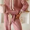 Rose Tan Lace Drawstring Pullover Hoodie and High Waist Pants Corduroy Suit