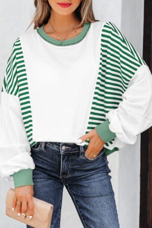 Green Stripe Colorblock Patchwork Contrast Stitching Oversize Sweatshirt - Image 4