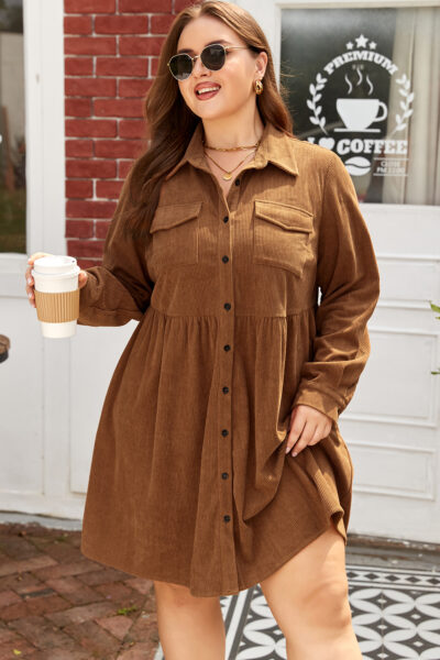 Camel Corduroy Full Buttoned Collared Shirt Style Plus Size Dress