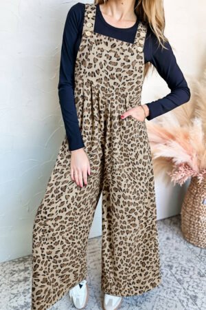 Alternative view of Brown Leopard Bib Wide Leg Jumpsuit