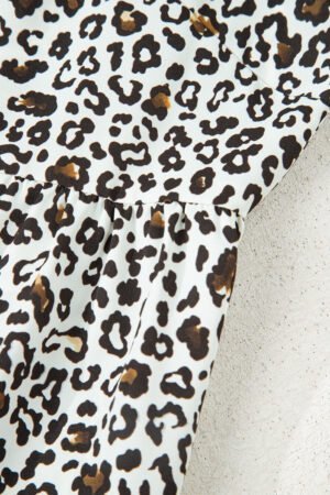 Khaki Plus Size Button V Neck Leopard Print Puff Sleeve Loose Mini Dress - Image 18