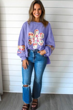 Wisteria Floral Applique Baggy Pullover Sweatshirt - Image 2