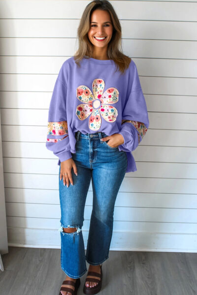 Wisteria Floral Applique Baggy Pullover Sweatshirt