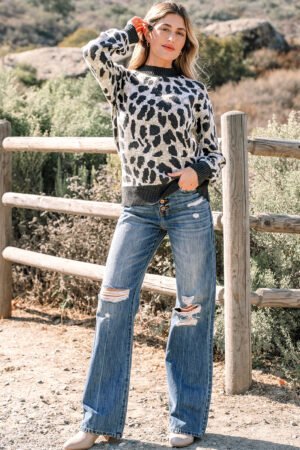 Carbon Grey Leopard Drop Shoulder Baggy Sweater - Image 6