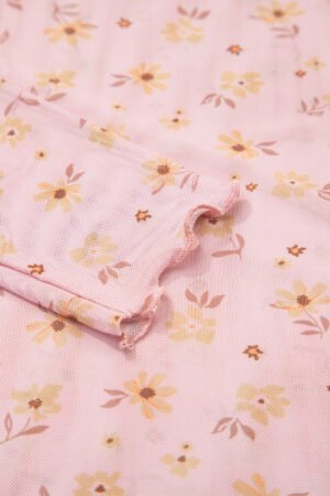 Pink Vintage Floral Print Southern Style Mesh Long Sleeve Top - Image 12