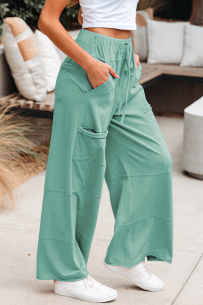 Mint Green Mineral Wash Exposed Seam Drawstring Elastic Waistband Wide Leg Cargo Pants