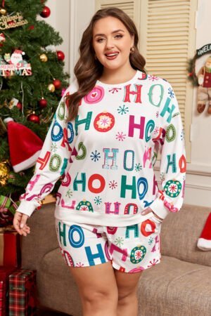 White Plus Size Christmas Ho Ho Ho Print Long Sleeve Top and Shorts 2pc Lounge Set - Image 4