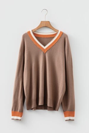 Dark Khaki Contrast Striped Trim V Neck Varsity Sweater - Image 3