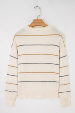 Multicolour Striped Buttoned Front V Neck Drop Shoulder Cardigan Sweater - Image 4