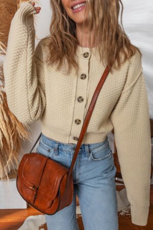 Beige Button Front Cropped Cardigan Sweater - Image 3