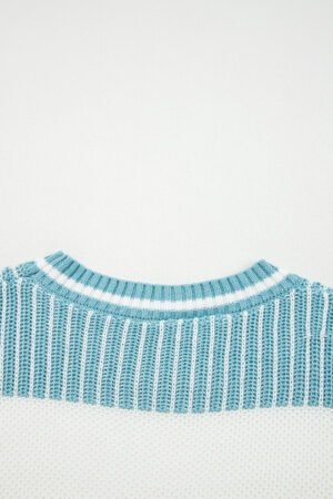 Light Blue Two Tone Striped Patchwork Drop Shoulder Loose Sweater - Image 10