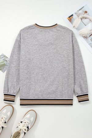 Gray Varsity Contrast Striped Trim V Neck Sweatshirt - Image 6