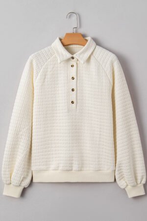 Beige Pineapple Textured Half Button Collared Sweatshirt - Image 3