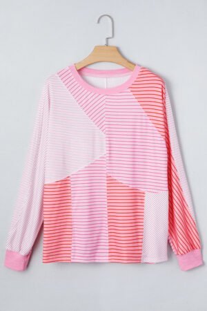 Sachet Pink Striped Colorblock Exposed Seam Casual Long Sleeve Top - Image 4