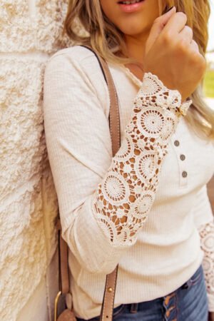 Beige Crochet Lace Hem Sleeve Button Top - Image 3