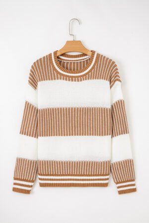 Khaki Two Tone Striped Patchwork Drop Shoulder Loose Sweater - Image 3