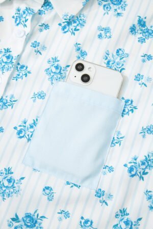 Sky Blue Floral Striped Print Contrast Patched Pocket Shirt and Shorts Set - Image 6