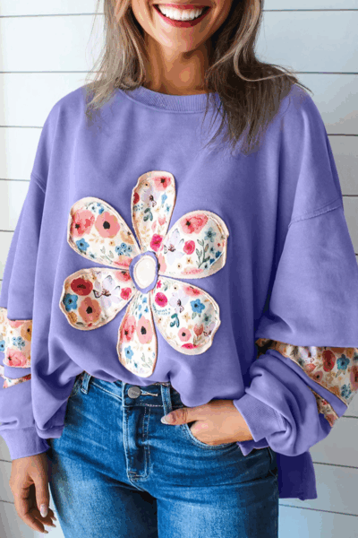 Wisteria Floral Applique Baggy Pullover Sweatshirt