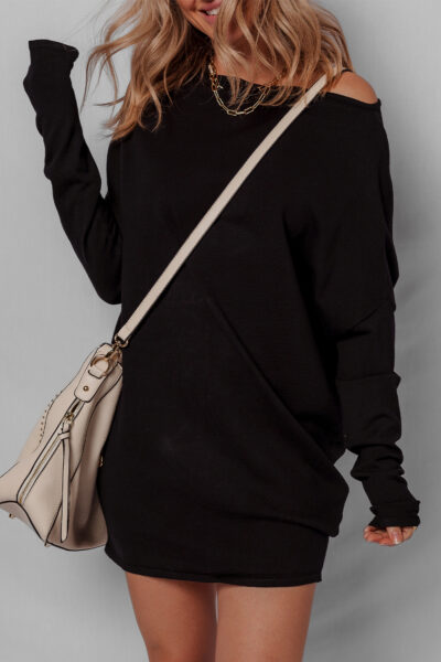 Black Asymmetric Neck Batwing Sleeve Shift Mini Sweater Dress