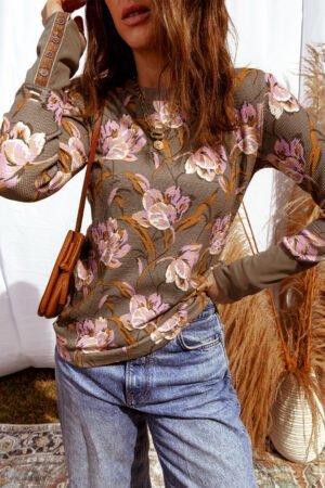 Brown Floral Print Waffle Textured Long Sleeve Top - Image 6