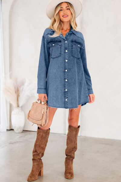 Blue Beau Chest Pocket Raw Hem Denim Loose Shirt Dress