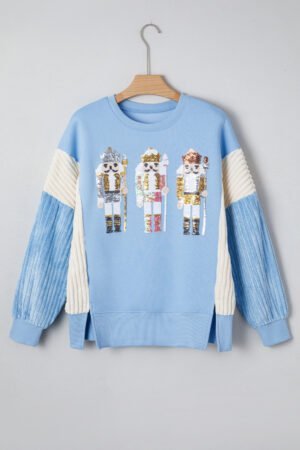 Beau Blue Sequin Nutcracker Textured Sleeve Patchwork Color Block Sweatshirt - Image 3
