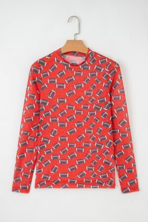 Red Game Day Rugby Mesh Sheer Long Sleeve Top - Image 4