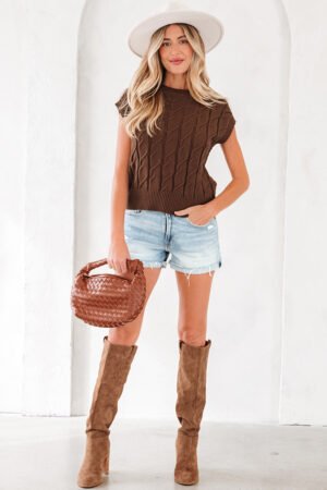 Dark Brown Cable Texture Crew Neck Short Sleeve Sweater Top - Image 15