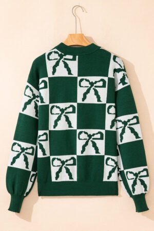 Blackish Green Checkered Bow Print Casual Sweater - Image 6
