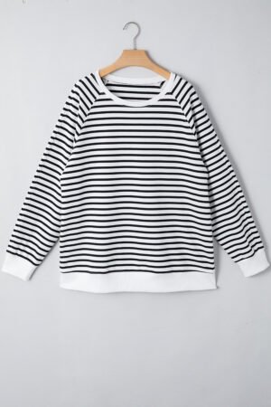 Black Stripe Raglan Sleeve Side Slits Loose Sweatshirt - Image 4