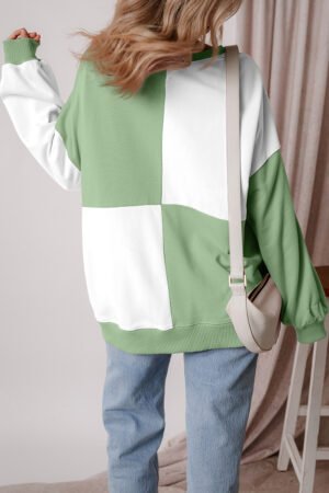 Grass Green Colorblock Henley High Low Oversize Sweatshirt - Image 2