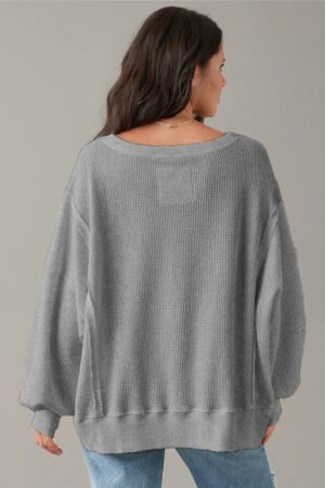 Gray Waffle knit Bishop Sleeve Split Oversized Top - Image 3
