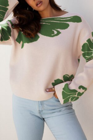 Green Bold Flower Pattern Wide Sleeve Baggy Sweater - Image 4
