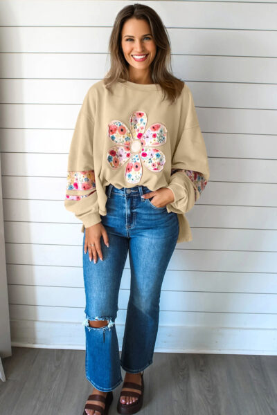 Pale Khaki Floral Applique Baggy Pullover Sweatshirt